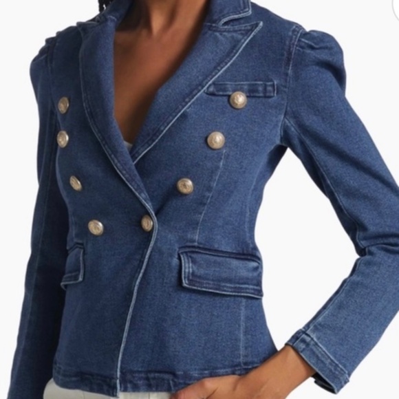 Generation Love Denim Blazer Double Breasted Collared Blue Size Large Gold Tone